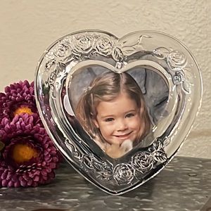 Vintage Heart Shaped Crystal Photo Picture Frame With Embossed Roses FLowers